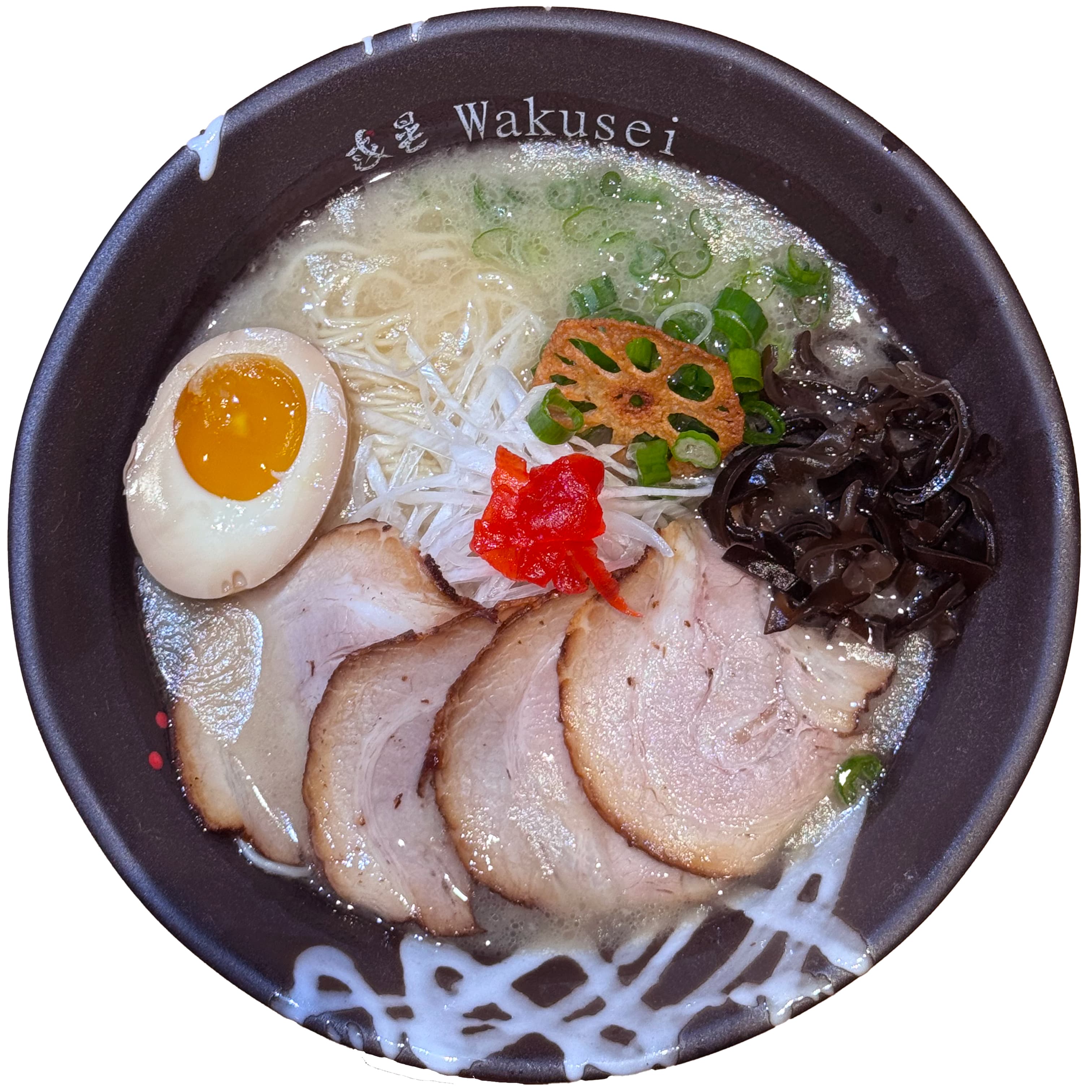 Venus tonkotsu ramen at Ramen Wakusei in Sunnyvale — creamy pork-bone broth with chashu, black garlic oil, soft-boiled egg and fried lotus root
