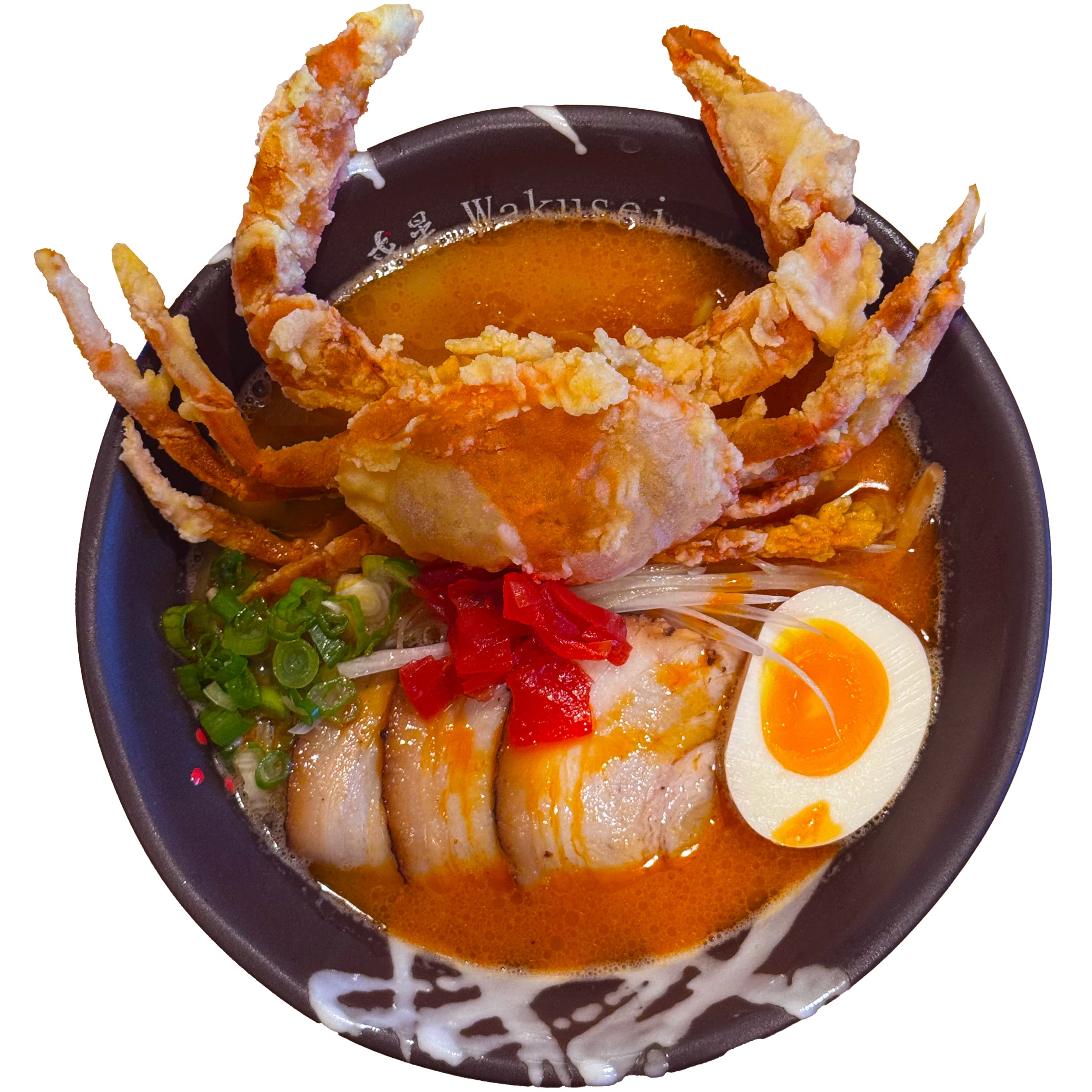 Saturn soft-shell crab ramen at Ramen Wakusei in Sunnyvale — jumbo crispy soft-shell crab over spicy pork-bone bonito broth