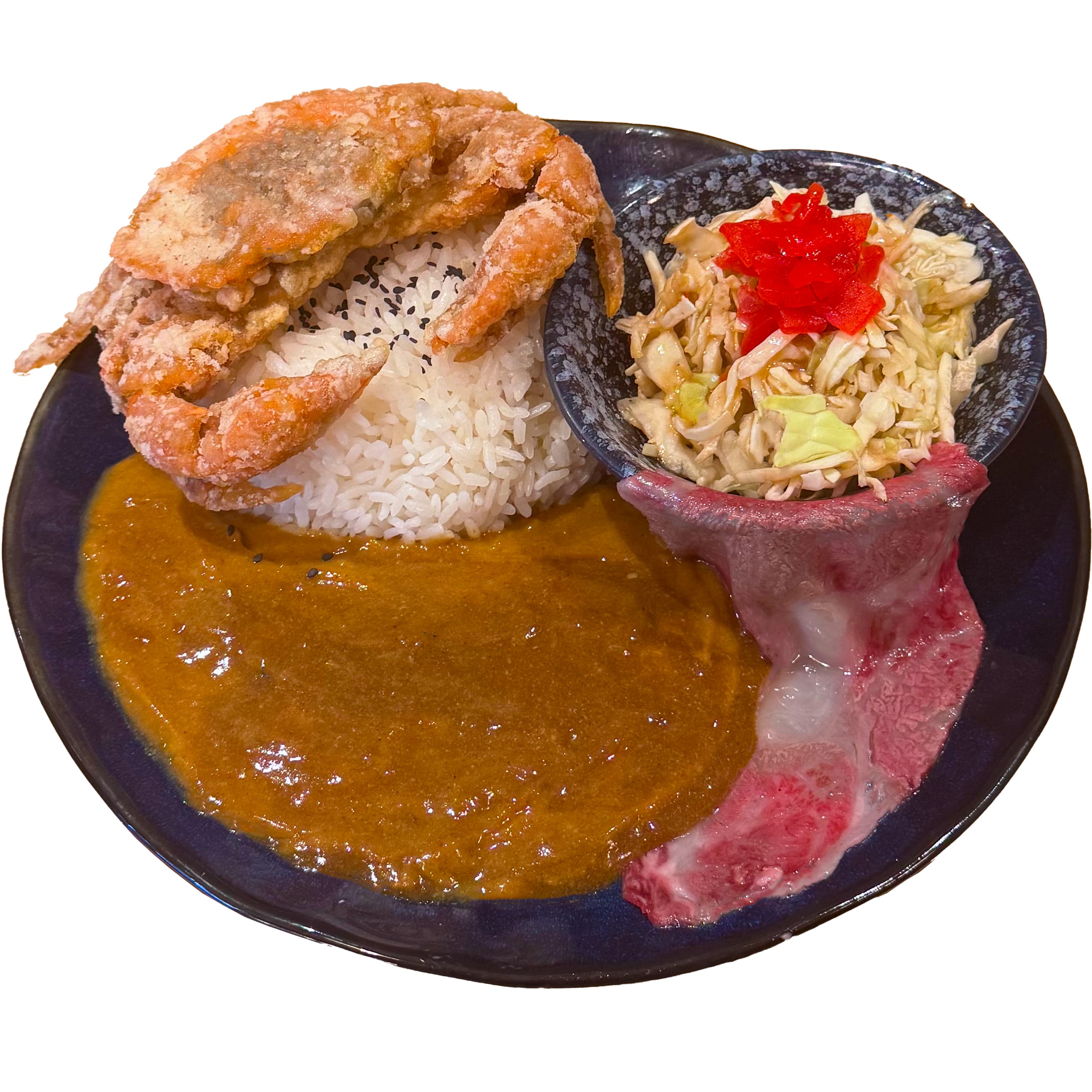 Andromeda soft-shell crab and Wagyu Japanese curry rice at Ramen Wakusei in Sunnyvale — crispy soft-shell crab and seared Wagyu over fluffy rice with house curry and coleslaw