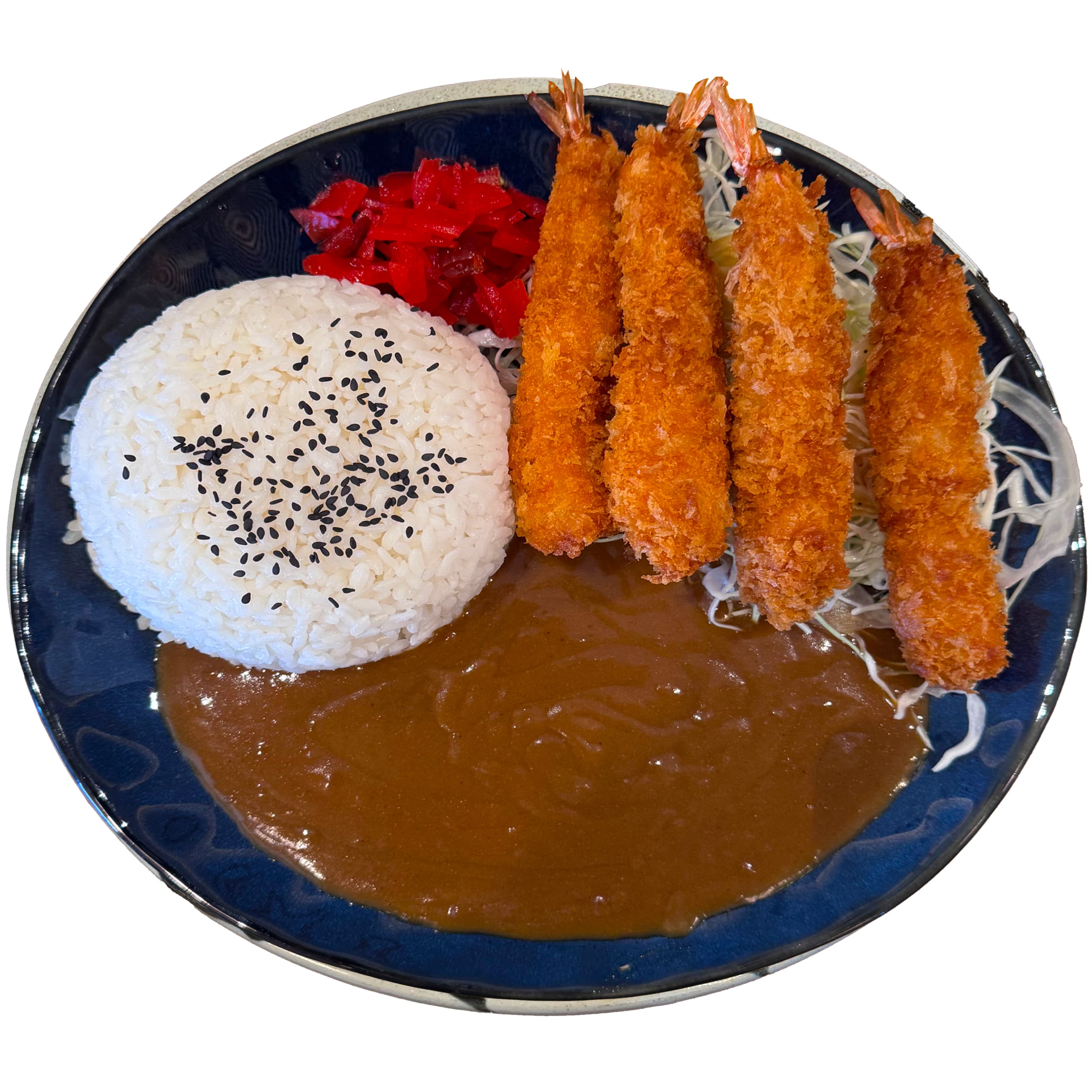 Cigar shrimp Japanese curry rice at Ramen Wakusei — crispy fried shrimp over rice with curry
