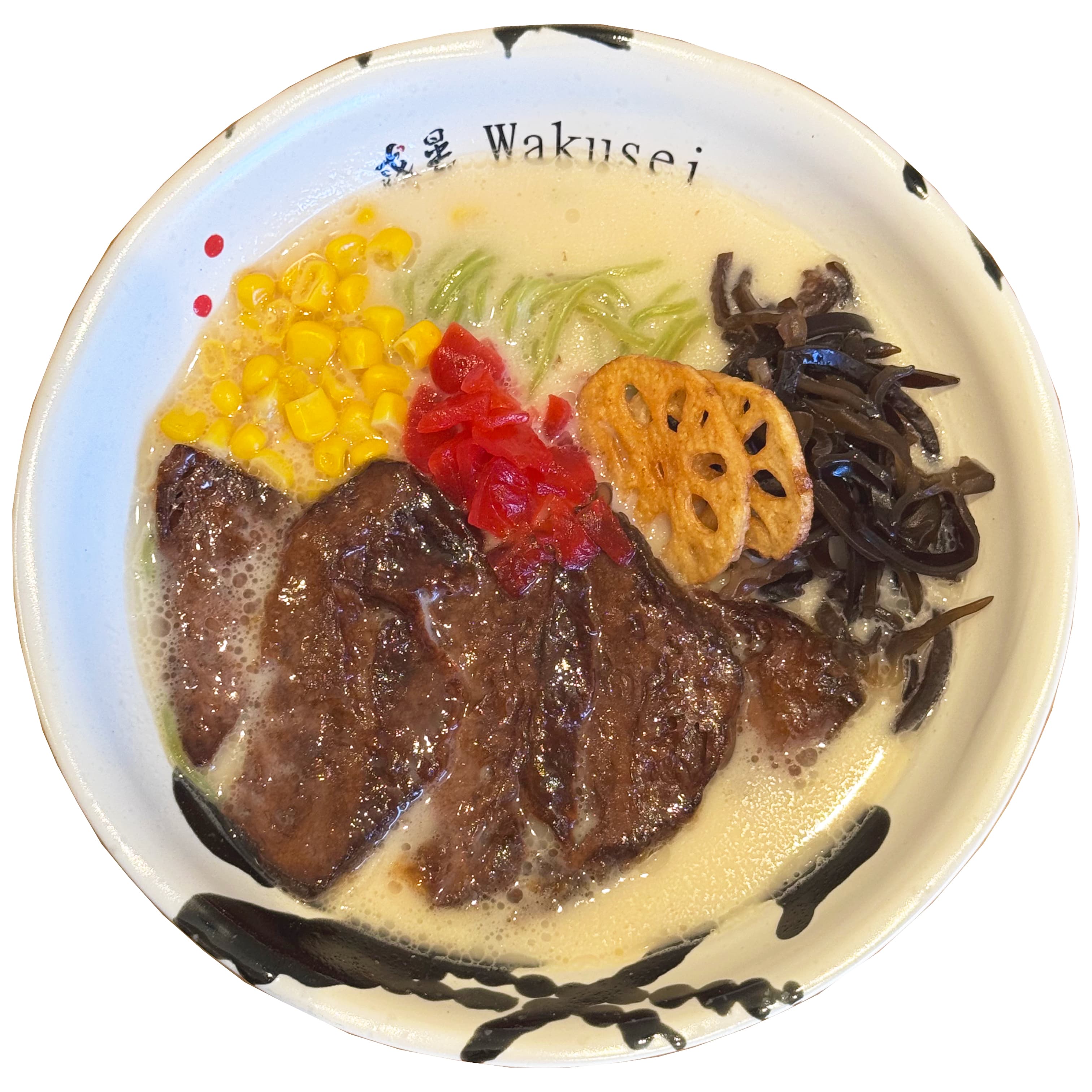 Earth vegan ramen at Ramen Wakusei in Sunnyvale — plant-based ramen with high-protein plant-powered steak, kikurage mushrooms, corn, fried lotus root and green onion